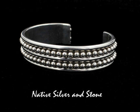 Z Artie Yellowhorse - Navajo<br>5/8" Bracelet Cuff<br>1/8" Small Beads/Dots<br>2 Rows - 3 Rails (Rounded)<br>Sterling Silver<br>Size 6-5/16 (Medium)
