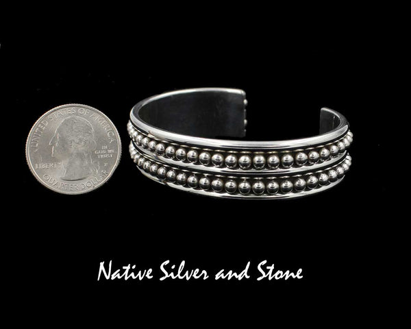 Z Artie Yellowhorse - Navajo<br>5/8" Bracelet Cuff<br>1/8" Small Beads/Dots<br>2 Rows - 3 Rails (Rounded)<br>Sterling Silver<br>Size 6-5/16 (Medium)