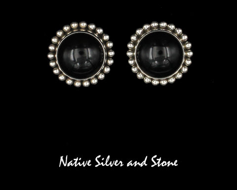 Z Artie Yellowhorse - Navajo<br>7/8" Earrings<br>16mm Onyx Rounds<br>Single Bead/Dot<br>Post<br>Sterling Silver