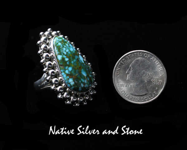 Artie Yellowhorse - Navajo<br>RGTMB<br>1-1/2" Ring<br>28mm x 18mm Large Teardrop<br>Kingman Turquoise<br>Burst Bead <br>Sterling Silver<br> Size 7-3/4