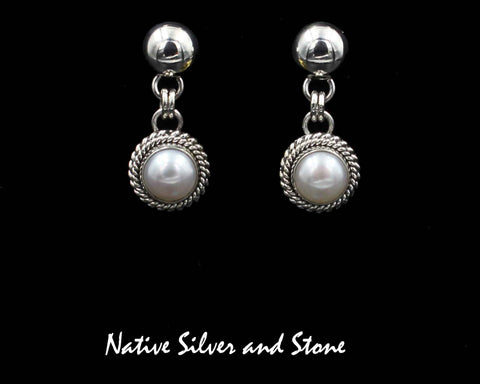 Z Artie Yellowhorse - Navajo<br>ERDPPDT<br>1-3/16" Earrings<br>8mm White Freshwater Pearl<br>Single Twist - Large & Small<br>Domed Dangle Post<br>Sterling Silver