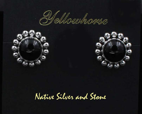 Z Artie Yellowhorse - Navajo<br>3/4" Earrings<br>Round<br>12mm Onyx<br>Single Bead<br>Post<br>Sterling Silver