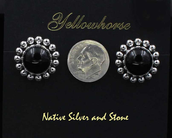 Z Artie Yellowhorse - Navajo<br>3/4" Earrings<br>Round<br>12mm Onyx<br>Single Bead<br>Post<br>Sterling Silver