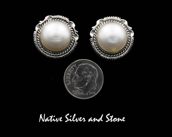 Z Artie Yellowhorse - Navajo<br>EPTSCP<br>13/16" Earrings V2<br>13mm White<br>Mabe Pearl<br>Single Twist & Sawcut w Pinches<br>Post<br>Sterling Silver