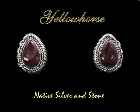 Z Artie Yellowhorse - Navajo<br>3/4" Earrings<br>Purple Spiny<br>Medium Pear-Shaped<br>Double Twist & Sawcut with Pinches<br>Post<br>Sterling Silver