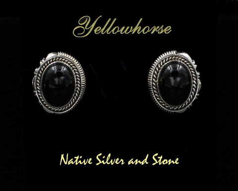 Artie Yellowhorse - Navajo<br>7/8" Earrings<br>16mm x 12mm Onyx Ovals<br>Single Twist, Sawcut, Cutouts<br>Post<br>Sterling Silver