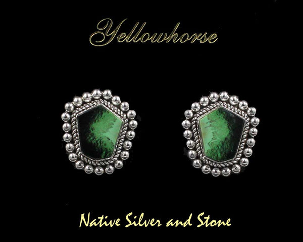 Z Artie Yellowhorse - Navajo<br>1" Earrings - Freeform <br>16mm  Green Garnet <br>Twist & Single Bead<br>Clip<br>Sterling Silver