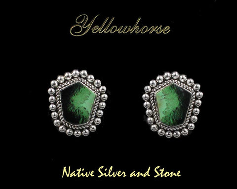 Z Artie Yellowhorse - Navajo<br>1" Earrings - Freeform <br>16mm  Green Garnet <br>Twist & Single Bead<br>Clip<br>Sterling Silver