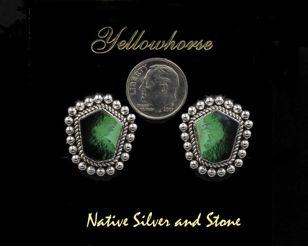 Z Artie Yellowhorse - Navajo<br>1" Earrings - Freeform <br>16mm  Green Garnet <br>Twist & Single Bead<br>Clip<br>Sterling Silver