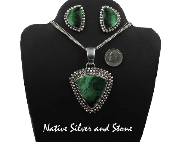 Z Artie Yellowhorse - Navajo<br>Set - Pendant-Earrings<br>Green Garnet<br>Vertical Sharp Shield/Triangle<br>Twist & Burst Beads/Scatterdot<br>Sterling Silver