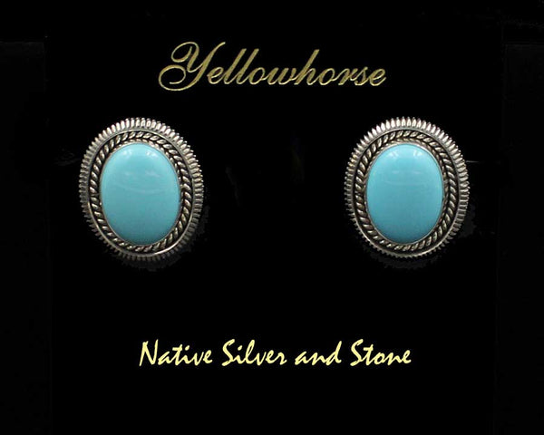 Z Artie Yellowhorse - Navajo<br>7/8" Earrings<br>16mm x 12mm Turquoise Ovals<br>Sleeping Beauty<br>Single Twist & Straight Sawcut<br>Post<br>Sterling Silver