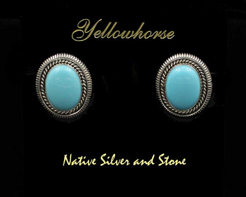 Z Artie Yellowhorse - Navajo<br>7/8" Earrings<br>16mm x 12mm Turquoise Ovals<br>Sleeping Beauty<br>Single Twist & Straight Sawcut<br>Post<br>Sterling Silver