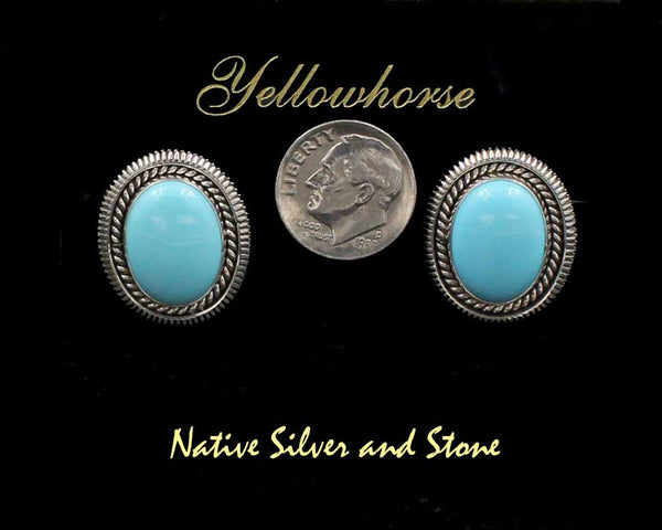 Z Artie Yellowhorse - Navajo<br>7/8" Earrings<br>16mm x 12mm Turquoise Ovals<br>Sleeping Beauty<br>Single Twist & Straight Sawcut<br>Post<br>Sterling Silver