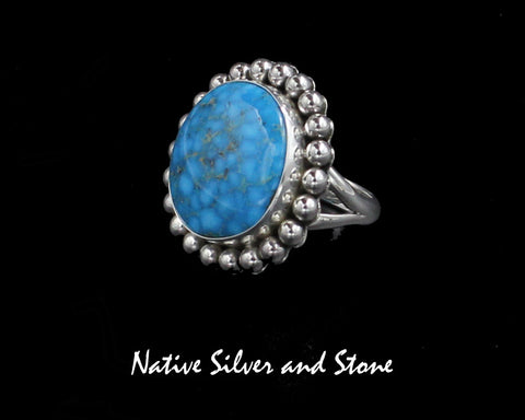 Artie Yellowhorse - Navajo<br>RGTSB<br>1-3/32" Ring - Round<br>20mm x 19mm Kingman Turquoise<br>Single Bead<br>Sterling Silver<br>Size 8