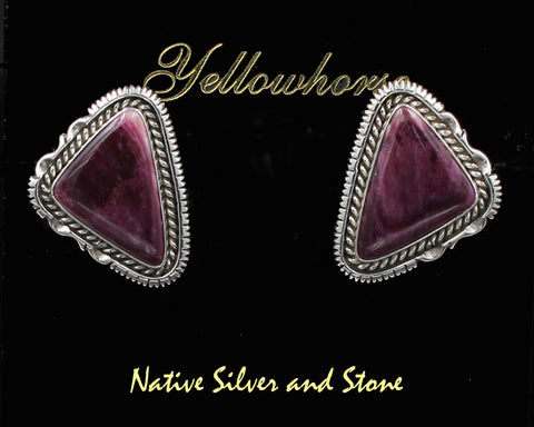 Z Artie  Yellowhorse - Navajo<br>1" Earrings<br>20mm Purple Spiny Triangles<br>Single Twist & Sawcut with Pinches<br>Sterling Silver