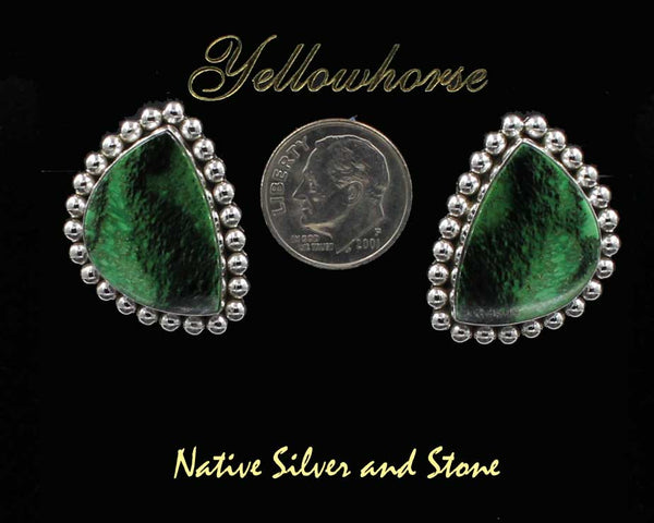 Z Artie Yellowhorse - Navajo<br>Set - Pendant-Earrings<br>Green Garnet<br>Vertical Sharp Shield/Triangle<br>Twist & Burst Beads/Scatterdot<br>Sterling Silver