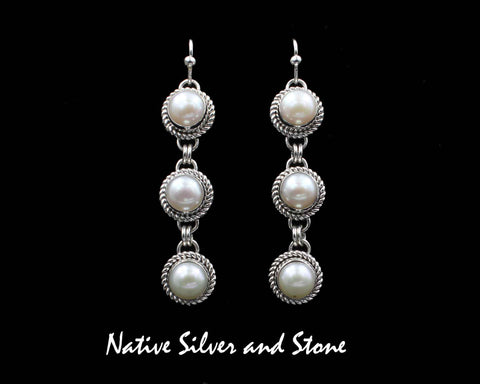 Z Artie Yellowhorse - Navajo<br>2" Earrings<br>(3) - 8mm White Freshwater Pearl<br>Single Twist<br>Hook<br>Sterling Silver