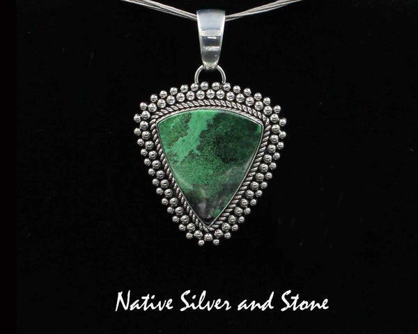 Z Artie Yellowhorse - Navajo<br>Set - Pendant-Earrings<br>Green Garnet<br>Vertical Sharp Shield/Triangle<br>Twist & Burst Beads/Scatterdot<br>Sterling Silver
