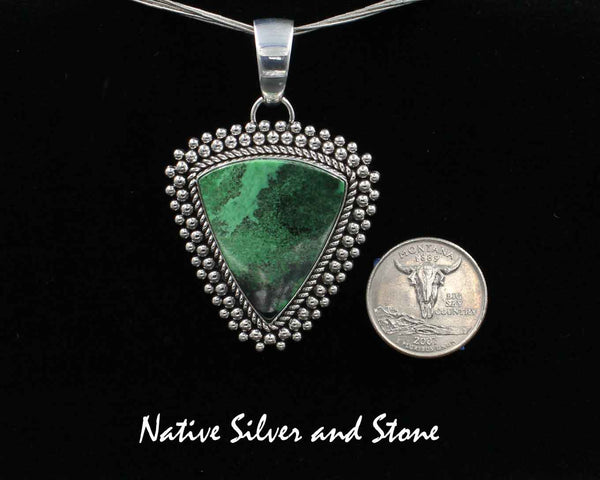 Z Artie Yellowhorse - Navajo<br>Set - Pendant-Earrings<br>Green Garnet<br>Vertical Sharp Shield/Triangle<br>Twist & Burst Beads/Scatterdot<br>Sterling Silver