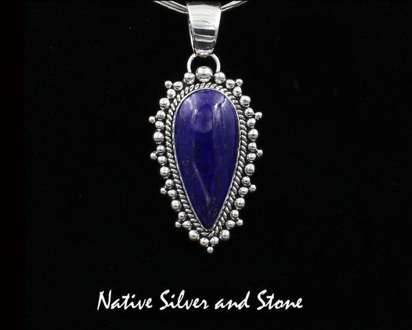 Z Artie Yellowhorse - Navajo<br>PDLTBB<br>1-7/8" Pendant <br>35mm x 16mm Lapis Lazuli<br>Reverse Teardrop/Pear<br>Single Twistwire & Burst Beads<br>Sterling Silver