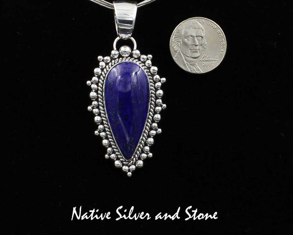 Z Artie Yellowhorse - Navajo<br>PDLTBB<br>1-7/8" Pendant <br>35mm x 16mm Lapis Lazuli<br>Reverse Teardrop/Pear<br>Single Twistwire & Burst Beads<br>Sterling Silver