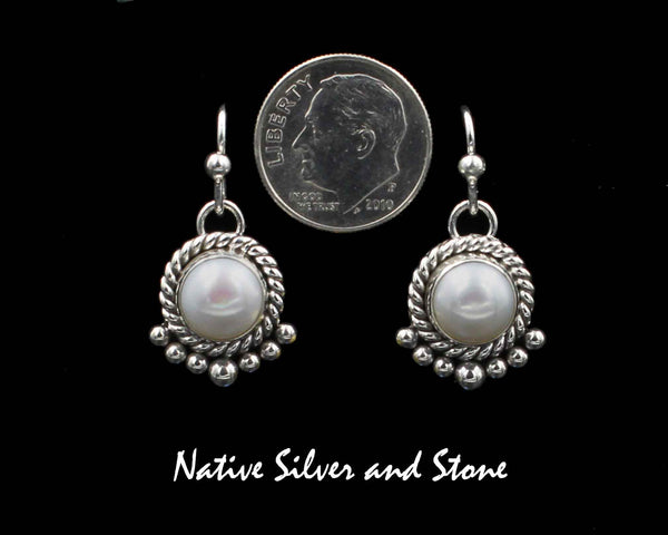 Z Artie Yellowhorse - Navajo<br>ERSHPT7<br>1/2" Earrings<br>8mm Pearl Round<br>White<br>Single Twist with 7 Bead Bottom<br>Hook<br>Sterling Silver