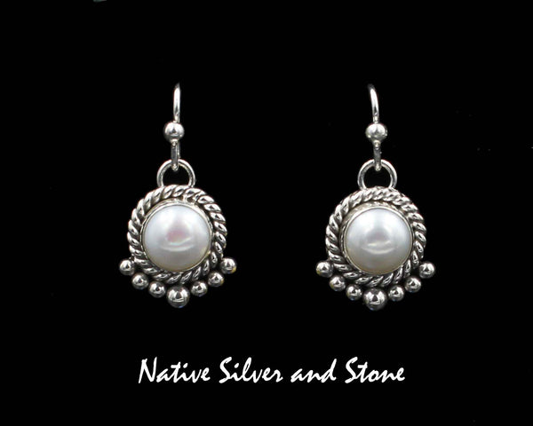 Z Artie Yellowhorse - Navajo<br>ERSHPT7<br>1/2" Earrings<br>8mm Pearl Round<br>White<br>Single Twist with 7 Bead Bottom<br>Hook<br>Sterling Silver