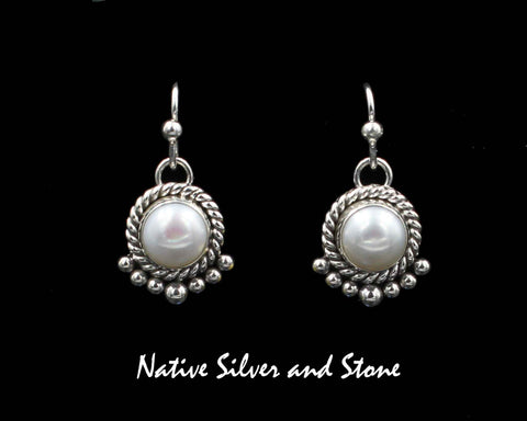 Z Artie Yellowhorse - Navajo<br>ERSHPT7<br>1/2" Earrings<br>8mm Pearl Round<br>White<br>Single Twist with 7 Bead Bottom<br>Hook<br>Sterling Silver