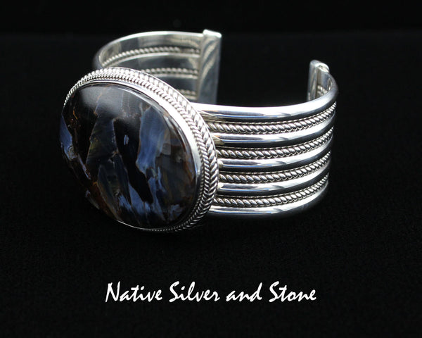 Artie Yellowhorse - Navajo<br>BCPTDT<br>1-1/16" Bracelet Cuff<br>Blue Pietersite/Pietercite Horizontal Oval<br>Double Twist, Large & Small<br>Sterling Silver<br>Size 6-1/2 (Medium)