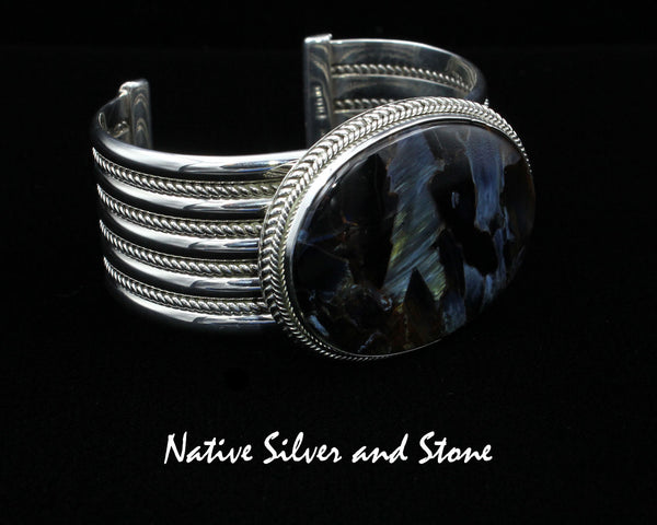 Artie Yellowhorse - Navajo<br>BCPTDT<br>1-1/16" Bracelet Cuff<br>Blue Pietersite/Pietercite Horizontal Oval<br>Double Twist, Large & Small<br>Sterling Silver<br>Size 6-1/2 (Medium)