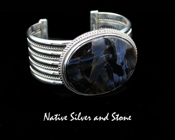 Artie Yellowhorse - Navajo<br>BCPTDT<br>1-1/16" Bracelet Cuff<br>Blue Pietersite/Pietercite Horizontal Oval<br>Double Twist, Large & Small<br>Sterling Silver<br>Size 6-1/2 (Medium)