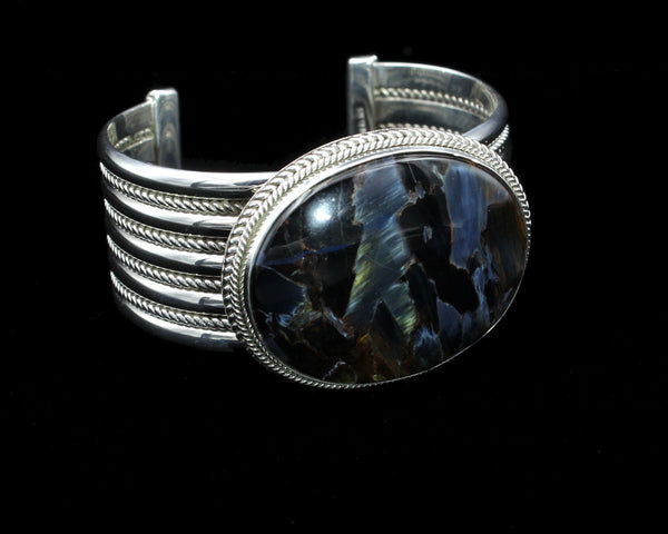 Artie Yellowhorse - Navajo<br>BCPTDT<br>1-1/16" Bracelet Cuff<br>Blue Pietersite/Pietercite Horizontal Oval<br>Double Twist, Large & Small<br>Sterling Silver<br>Size 6-1/2 (Medium)