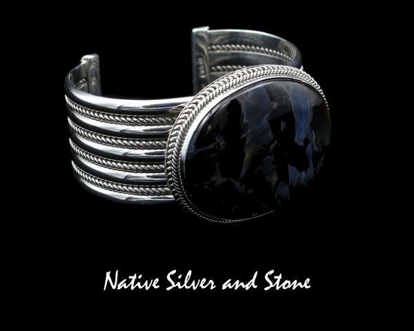 Artie Yellowhorse - Navajo<br>BCPTDT<br>1-1/16" Bracelet Cuff<br>Blue Pietersite/Pietercite Horizontal Oval<br>Double Twist, Large & Small<br>Sterling Silver<br>Size 6-1/2 (Medium)