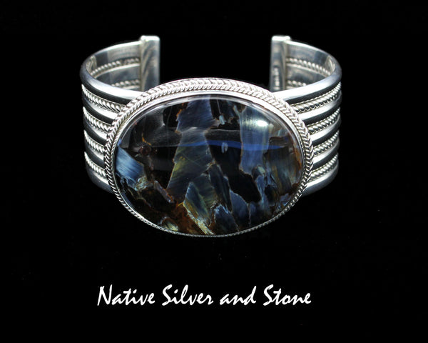 Artie Yellowhorse - Navajo<br>BCPTDT<br>1-1/16" Bracelet Cuff<br>Blue Pietersite/Pietercite Horizontal Oval<br>Double Twist, Large & Small<br>Sterling Silver<br>Size 6-1/2 (Medium)