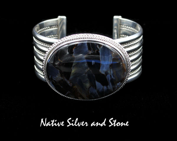 Artie Yellowhorse - Navajo<br>BCPTDT<br>1-1/16" Bracelet Cuff<br>Blue Pietersite/Pietercite Horizontal Oval<br>Double Twist, Large & Small<br>Sterling Silver<br>Size 6-1/2 (Medium)