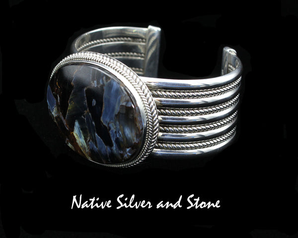 Artie Yellowhorse - Navajo<br>BCPTDT<br>1-1/16" Bracelet Cuff<br>Blue Pietersite/Pietercite Horizontal Oval<br>Double Twist, Large & Small<br>Sterling Silver<br>Size 6-1/2 (Medium)