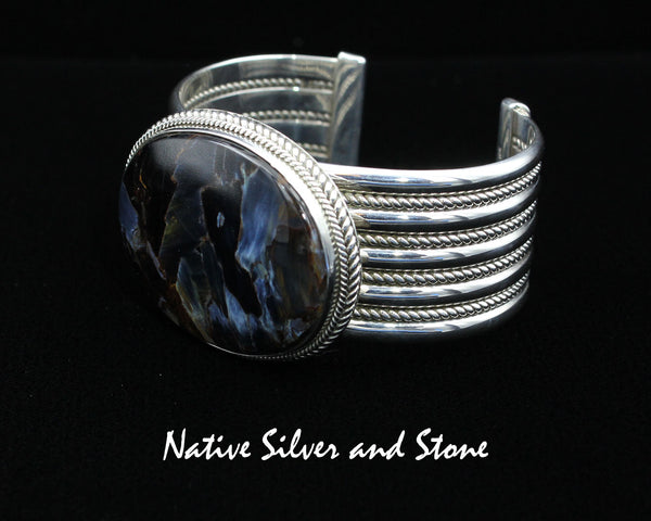 Artie Yellowhorse - Navajo<br>BCPTDT<br>1-1/16" Bracelet Cuff<br>Blue Pietersite/Pietercite Horizontal Oval<br>Double Twist, Large & Small<br>Sterling Silver<br>Size 6-1/2 (Medium)