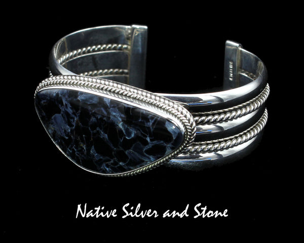 Z Artie Yellowhorse - Navajo<br>BPTDT<br>7/8" Bracelet Cuff<br>Blue Pietersite/Pietercite Horizontal Soft Triangle<br>Double Twist, Large & Small<br>Sterling Silver<br>Size 6-1/2 (Medium)