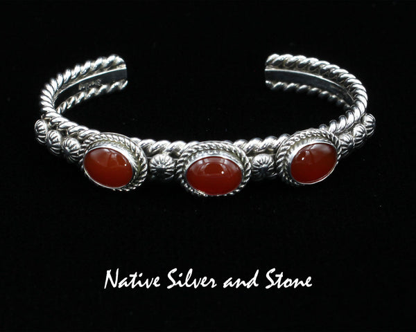 Artie Yellowhorse - Navajo<br>BCCNST<br>3/8" Bracelet-Cuff<br>10mm x 8mm - Carnelian 3 Ovals<br>Cables, Stamped Shots, Twists<br>Sterling Silver<br>Size 6-1/4 (Medium)