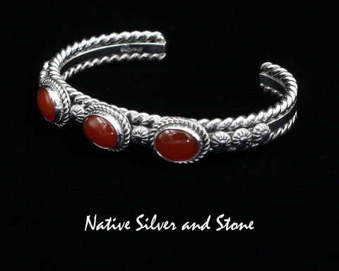 Artie Yellowhorse - Navajo<br>BCCNST<br>3/8" Bracelet-Cuff<br>10mm x 8mm - Carnelian 3 Ovals<br>Cables, Stamped Shots, Twists<br>Sterling Silver<br>Size 6-1/4 (Medium)
