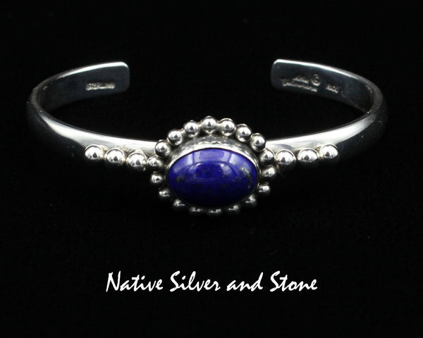 Z Artie Yellowhorse - Navajo<br>BCLSB<br>1/4"  Bracelet Cuff<br>15mm x 11mm Lapis Lazuli<br>Horizontal Oval<br>Single Bead<br>w 3 Bead Flanks<br>Sterling Silver<br>Size 6-1/8 (Medium)