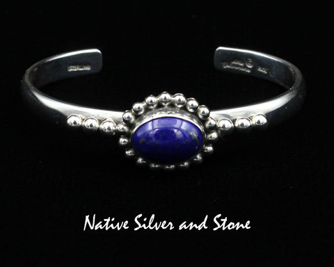 Z Artie Yellowhorse - Navajo<br>BCLSB<br>1/4"  Bracelet Cuff<br>15mm x 11mm Lapis Lazuli<br>Horizontal Oval<br>Single Bead<br>w 3 Bead Flanks<br>Sterling Silver<br>Size 6-1/8 (Medium)