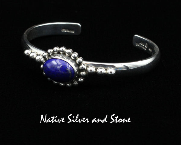 Z Artie Yellowhorse - Navajo<br>BCLSB<br>1/4"  Bracelet Cuff<br>15mm x 11mm Lapis Lazuli<br>Horizontal Oval<br>Single Bead<br>w 3 Bead Flanks<br>Sterling Silver<br>Size 6-1/8 (Medium)
