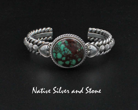 Z Artie Yellowhorse - Navajo<br>BCTDTST<br>7/16" Bracelet - Cuff<br>1" Pilot Mountain Turquoise<br>Round<br>Double Twist<br>Dual Hearts, & Shots<br>Sterling Silver<br>Size 6