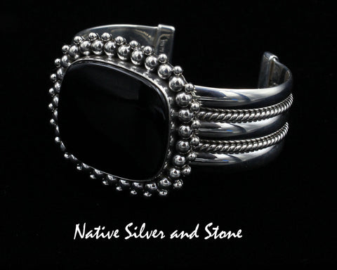 Artie Yellowhorse - Navajo<br>BCOXBB<br>7/8" Bracelet - Cuff<br>31mm x 27mm Onyx Horizontal Rectangle<br>Burst Beads<br>Sterling Silver<br>Size 6-1/32" (Medium-Small)