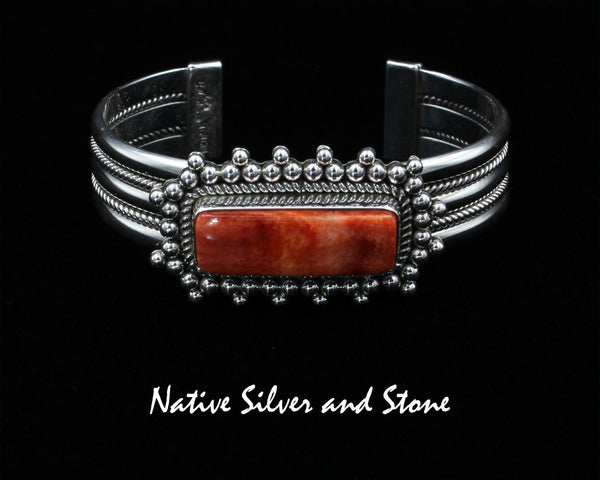 Z Artie Yellowhorse - Navajo<br>BCOSTBB<br>5/8" Bracelet Cuff<br>10mm Orange Spiny Rectangle<br>Single Twist w Burst Bead/Scatterdot<br>Twist & Rail Band<br>Size 6-1/2" (Medium)