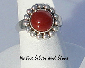 Artie Yellowhorse - Navajo<br>5/8" Ring<br>9mm Round Carnelian<br>Single Bead<br>Sterling Silver<br>Size 7