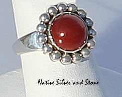 Artie Yellowhorse - Navajo<br>5/8" Ring<br>9mm Round Carnelian<br>Single Bead<br>Sterling Silver<br>Size 7