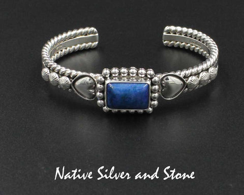 Z Artie Yellowhorse - Navajo<br>BCLSBST<br>3/8" Bracelet - Cuff<br>10mm x 14mm Denim Lapis Rectangle<br>Twists, Dual Hearts, & Shots<br>Sterling Silver<br>Size 6-3/16 (Small-Medium)