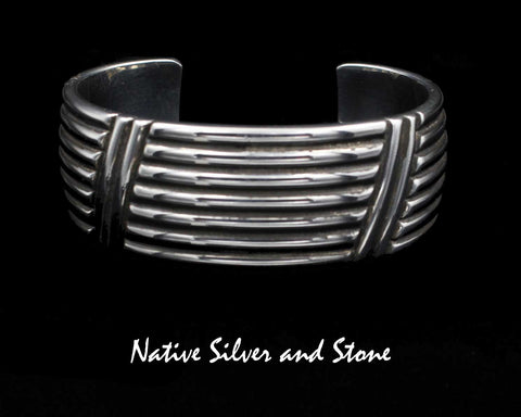Artie Yellowhorse - Navajo<br>BCASSC<br>7/8" Bracelet Cuff<br>Straight & Angled Lines<br>Henry Chackee - Navajo<br>Sterling Silver<br>Size 6-9/16 (Medium)